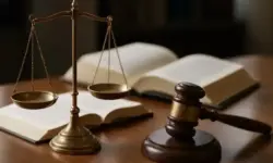 Waage der Justiz, Richterhammer und offene Gesetzbücher im Gerichtskontext zum Hamburger Prozess um Christina Block.