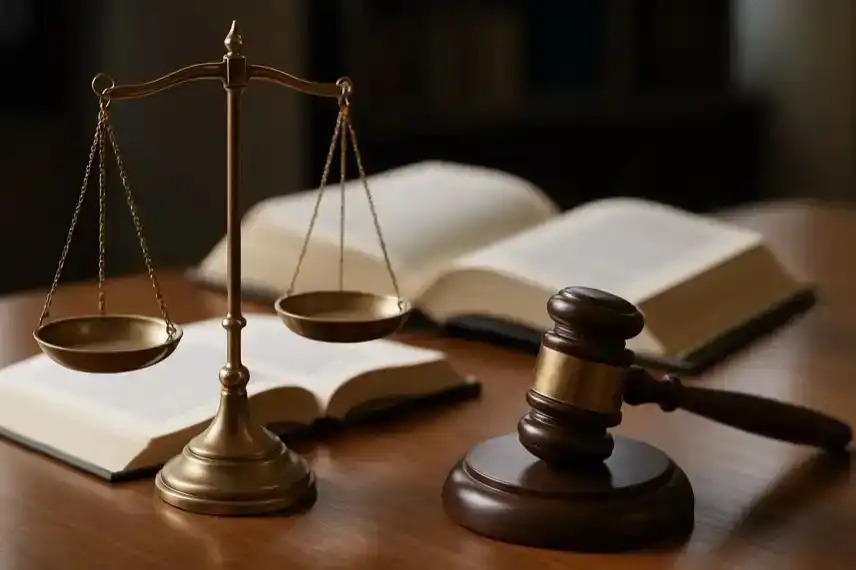 Waage der Justiz, Richterhammer und offene Gesetzbücher im Gerichtskontext zum Hamburger Prozess um Christina Block.