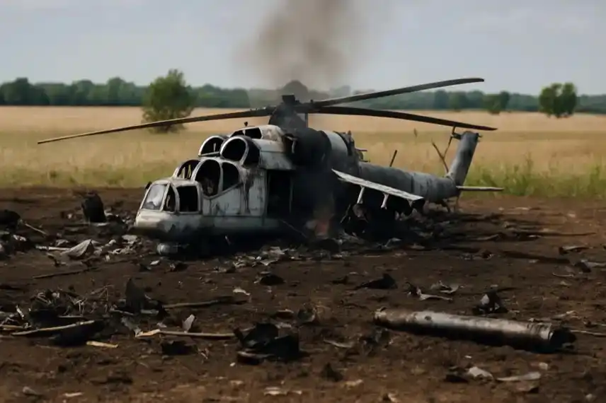 Symbolbild eines zerstörten Militärhubschraubers in einem Feld, fotorealistisch nachgestellt, als Illustration für Artikel über Drohnenabschuss in der Ukraine.
