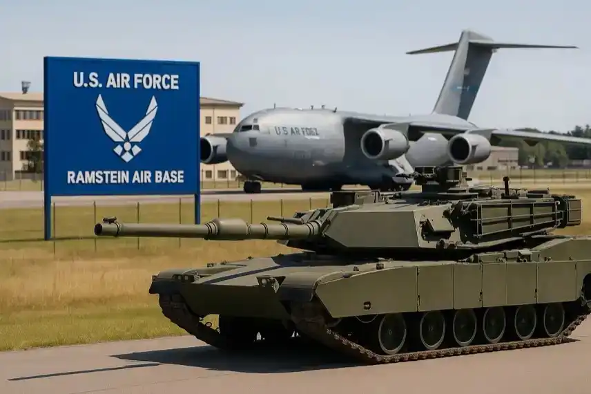 Symbolbild eines US-Panzers vor der Ramstein Air Base in Rheinland-Pfalz, als Nachstellung zur US-Militärpräsenz in Deutschland.