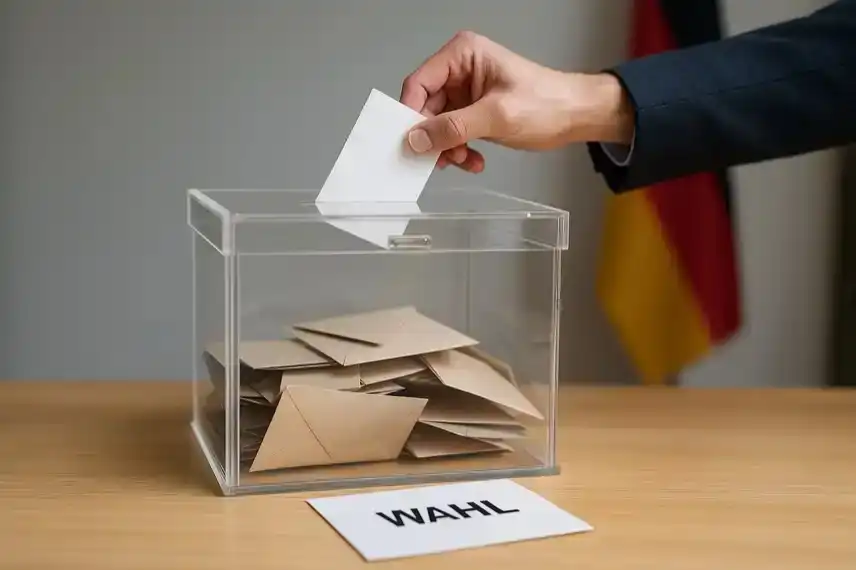 Symbolbild einer Wahlurne mit Stimmzetteln – Nachstellung zur Wahlpanne in Mülheim, bei der ein Auszählungsfehler das Ergebnis der OB-Stichwahl veränderte.