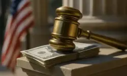 Richterhammer auf Geldscheinen mit US-Flagge im Hintergrund, als Darstellung des drohenden Government Shutdown in den USA.