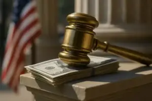 Richterhammer auf Geldscheinen mit US-Flagge im Hintergrund, als Darstellung des drohenden Government Shutdown in den USA.