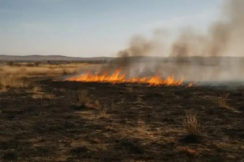 Feuer in der Savanne Namibias – Nachstellung eines Brandes im Etosha-Nationalpark, bei dem ein Drittel der Fläche zerstört wurde.
