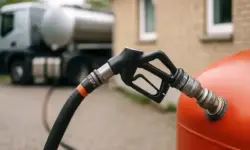 Tankwagen befüllt roten Heizöltank mit Zapfpistole, Nahaufnahme, fotorealistisch aufgenommen als illustrative Darstellung.