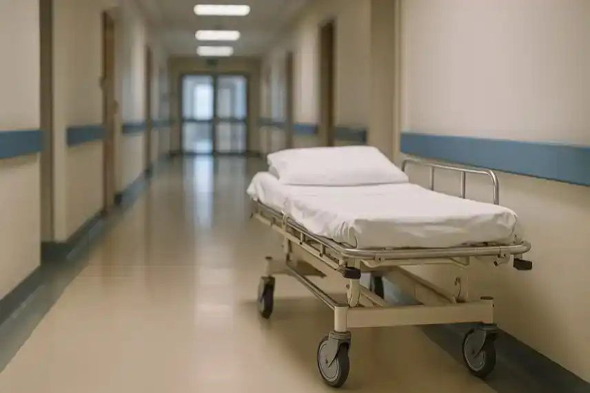 Krankenhausflur mit leerer Liege, dargestellt als neutrale Illustration zum Kreislaufzusammenbruch von Verkehrsminister Patrick Schnieder.