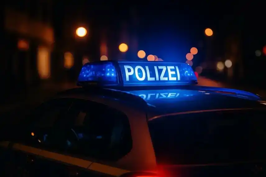 Polizeiauto mit Blaulicht bei Nacht als Symbolbild für eine Massenschlägerei in Gelsenkirchen mit Todesopfer und Schwerverletzten.