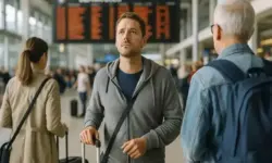 Flughafenabflug_ Reisende in der Schlange