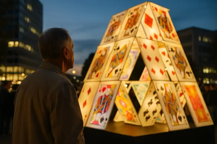 Mann vor Haus aus Spielkarten