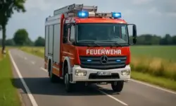 Rotes Feuerwehrauto auf Landstraße