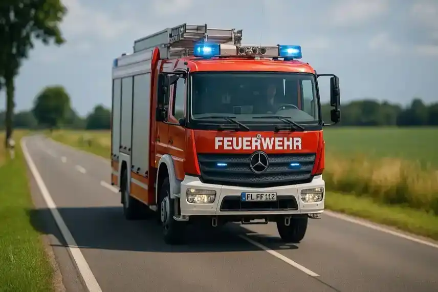 Rotes Feuerwehrauto auf Landstraße