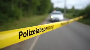 Polizeiabsperrung auf Landstraße mit gelbem Band und unscharfem weißen VW Golf im Hintergrund bei Tageslicht.