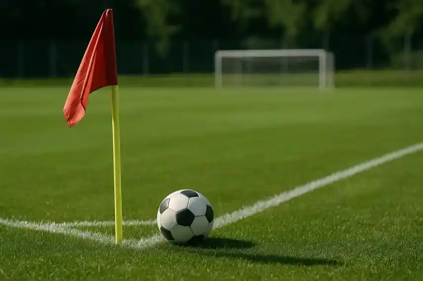 Fußballplatz mit Eckfahne und Ball – stellvertretend für den Angriff auf einen Schiedsrichter in der Dortmunder Kreisliga.