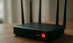 Schwarzer WLAN-Router mit rotem Lämpchen, das fehlende Internet