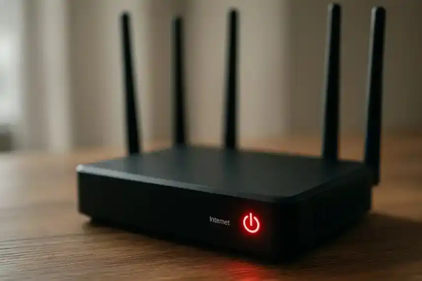 Schwarzer WLAN-Router mit rotem Lämpchen, das fehlende Internet