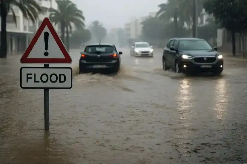 Symbolbild einer überfluteten Straße auf Ibiza mit Autos im Regen, aufgenommen in fotorealistischem Stil, zur Illustration der Unwetterlage.