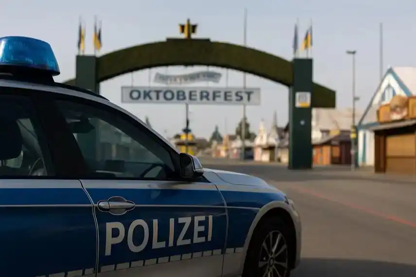 Oktoberfest München 2025 Bombendrohung – Polizeiauto vor Eingang, Festgelände geschlossen, Sicherheitsmaßnahme der Polizei.