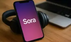 Smartphone mit geöffneter KI-App Sora 2 neben Kopfhörern und Laptop auf Holztisch, fotorealistisch aufgenommen.