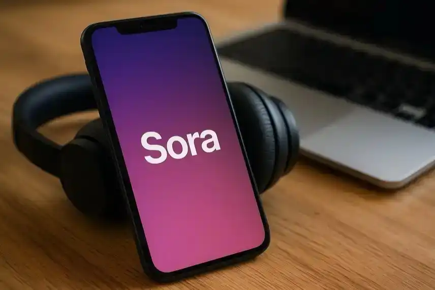 Smartphone mit geöffneter KI-App Sora 2 neben Kopfhörern und Laptop auf Holztisch, fotorealistisch aufgenommen.