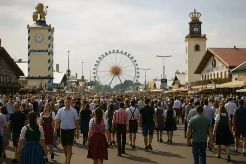 Menschenmengen auf der Wiesn, überfüllte Eingänge, Besucher im Gedränge, Fokus auf Sicherheitskonzept und Besucherlenkung.