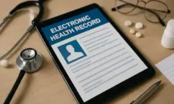 Symbolbild einer elektronischen Patientenakte auf Tablet mit Stethoskop, Brille und Medikamenten – Darstellung der ePA-Pflicht ab Oktober 2025.