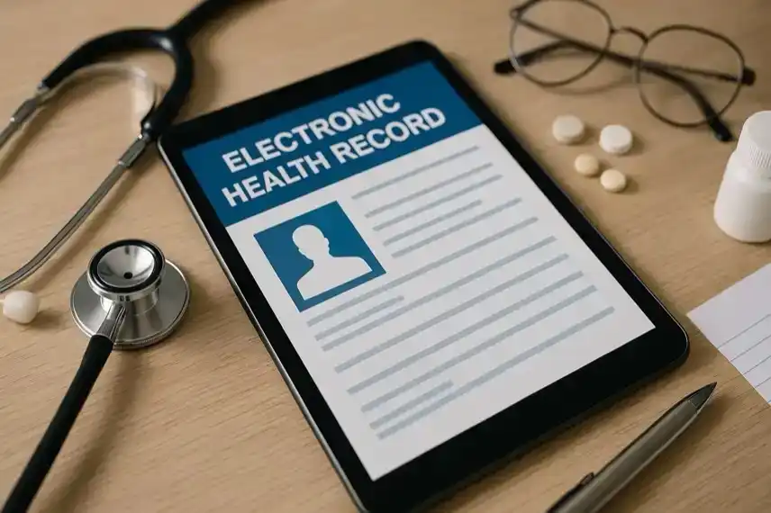 Symbolbild einer elektronischen Patientenakte auf Tablet mit Stethoskop, Brille und Medikamenten – Darstellung der ePA-Pflicht ab Oktober 2025.