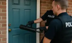 Zwei Polizisten in Uniform öffnen mit einer Ramme eine Tür während eines Einsatzes.