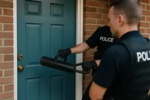 Zwei Polizisten in Uniform öffnen mit einer Ramme eine Tür während eines Einsatzes.