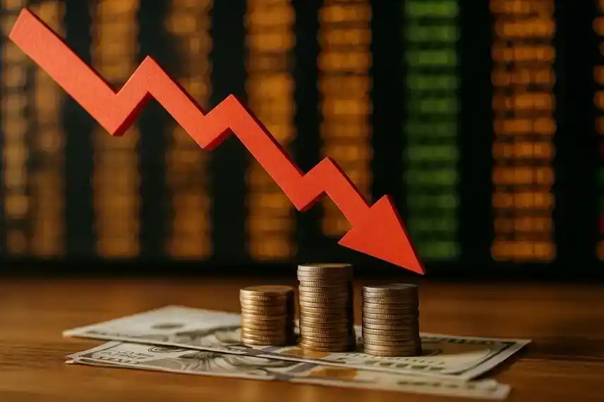 Gestapelte Münzen und US-Dollar-Scheine auf einem Holztisch mit einem roten, nach unten zeigenden Pfeil vor unscharfem Börsenhintergrund.