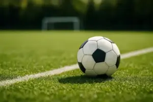 Ein schwarz-weißer Fußball liegt auf einem grünen Rasen mit einer weißen Spielfeldlinie im Vordergrund, im Hintergrund ist ein unscharfes Tor zu sehen.