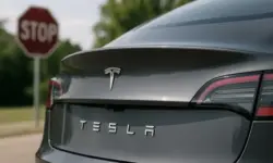 Rückansicht eines grauen Tesla-Autos mit sichtbarem Logo und unscharfem Stoppschild im Hintergrund.