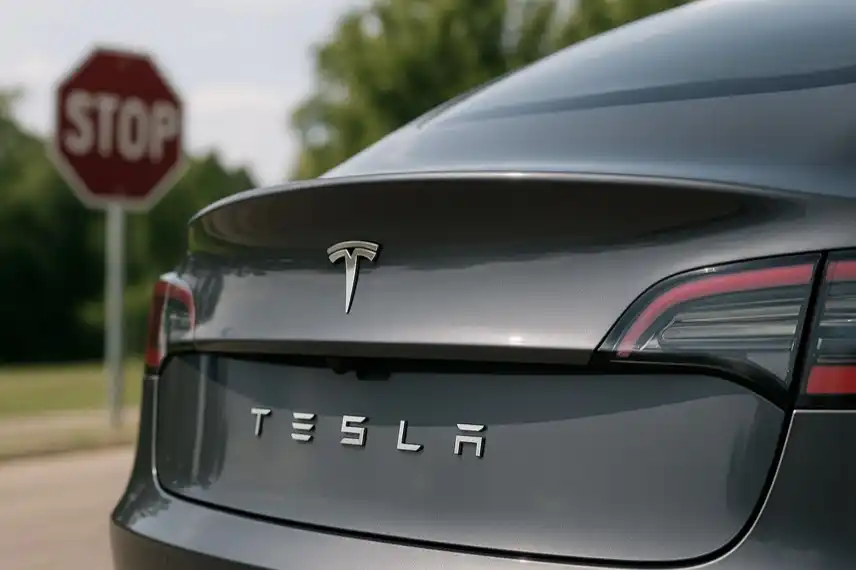 Rückansicht eines grauen Tesla-Autos mit sichtbarem Logo und unscharfem Stoppschild im Hintergrund.