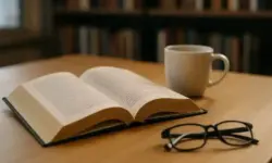 Aufgeschlagenes Buch mit schwarzer Brille und weißer Kaffeetasse auf einem Holztisch in warmem Licht, unscharfer Bücherregal-Hintergrund.