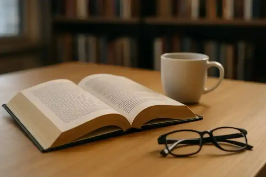 Aufgeschlagenes Buch mit schwarzer Brille und weißer Kaffeetasse auf einem Holztisch in warmem Licht, unscharfer Bücherregal-Hintergrund.