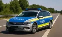 Deutsches Polizeiauto mit Blaulicht steht tagsüber auf einer Autobahn, im Hintergrund Bäume und klare Sicht.