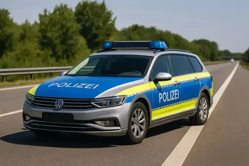 Deutsches Polizeiauto mit Blaulicht steht tagsüber auf einer Autobahn, im Hintergrund Bäume und klare Sicht.