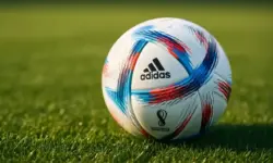 Ein Fußball liegt auf einem grünen Rasen im Sonnenlicht, im Hintergrund ist das Spielfeld unscharf erkennbar.