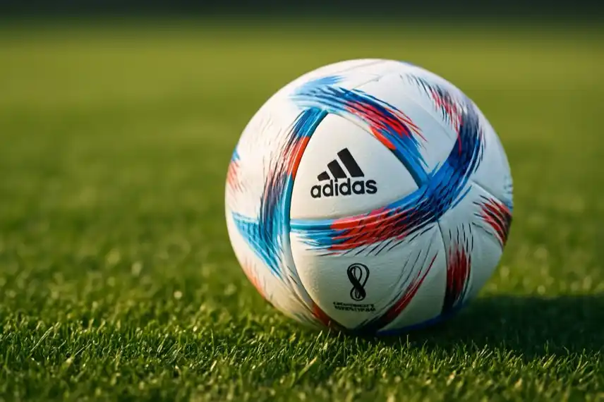 Ein Fußball liegt auf einem grünen Rasen im Sonnenlicht, im Hintergrund ist das Spielfeld unscharf erkennbar.