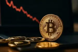 Goldene Bitcoin-Münze im Vordergrund, dahinter eine unscharfe rote Kurslinie, die einen Kursrückgang anzeigt.