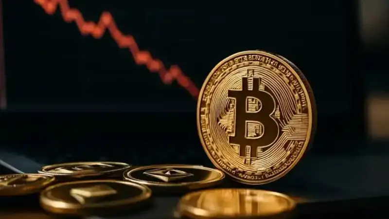 Goldene Bitcoin-Münze im Vordergrund, dahinter eine unscharfe rote Kurslinie, die einen Kursrückgang anzeigt.