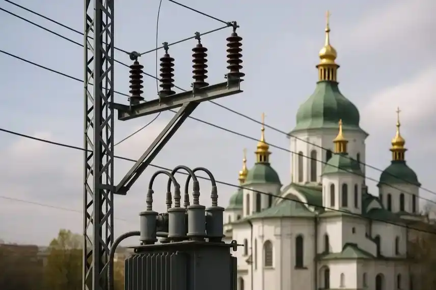 Ein Strommast mit Transformator und Leitungen im Vordergrund, im Hintergrund eine Kirche mit grünen Kuppeln und goldenen Türmen in Kiew.