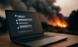 Laptop auf Holztisch mit unscharfer Chat-Oberfläche, im Hintergrund angedeuteter Rauch und Brandspuren, natürliche Beleuchtung.