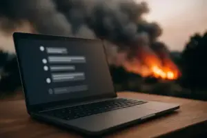 Laptop auf Holztisch mit unscharfer Chat-Oberfläche, im Hintergrund angedeuteter Rauch und Brandspuren, natürliche Beleuchtung.