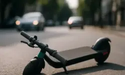 Ein umgefallener E-Scooter liegt auf einer städtischen Straße mit unscharfen Autos im Hintergrund.