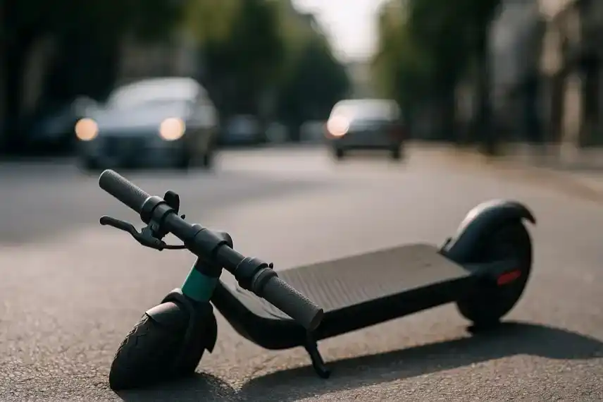 Ein umgefallener E-Scooter liegt auf einer städtischen Straße mit unscharfen Autos im Hintergrund.