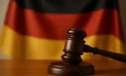 Ein hölzerner Richterhammer liegt auf einem Tisch vor einer unscharfen deutschen Flagge im Hintergrund.