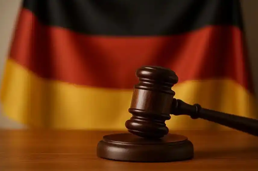 Ein hölzerner Richterhammer liegt auf einem Tisch vor einer unscharfen deutschen Flagge im Hintergrund.