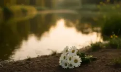 Ein kleiner Teich mit unscharfem Hintergrund, im Vordergrund liegen weiße Blumen auf feuchtem Boden.