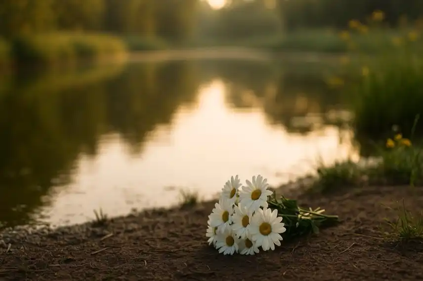 Ein kleiner Teich mit unscharfem Hintergrund, im Vordergrund liegen weiße Blumen auf feuchtem Boden.