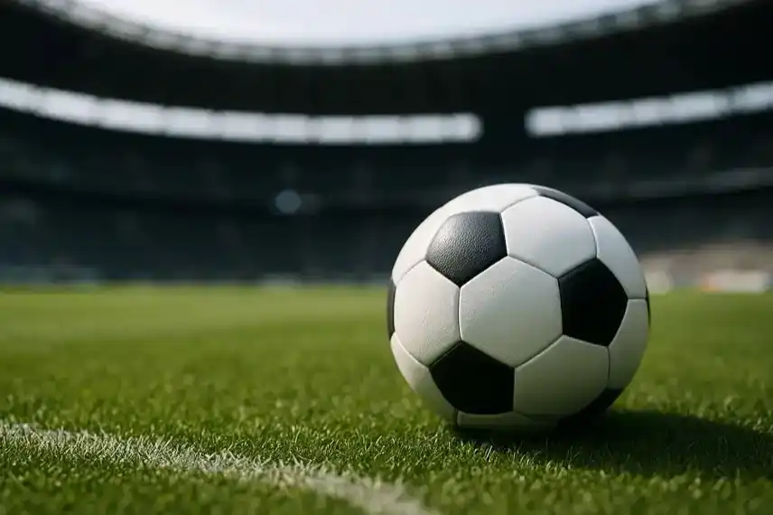 Ein Fußball liegt auf einem grünen Rasen in einem großen, leeren Stadion bei Tageslicht.